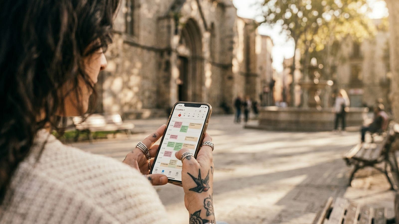 Someone outdoors holding a phone showing a tattoo booking page