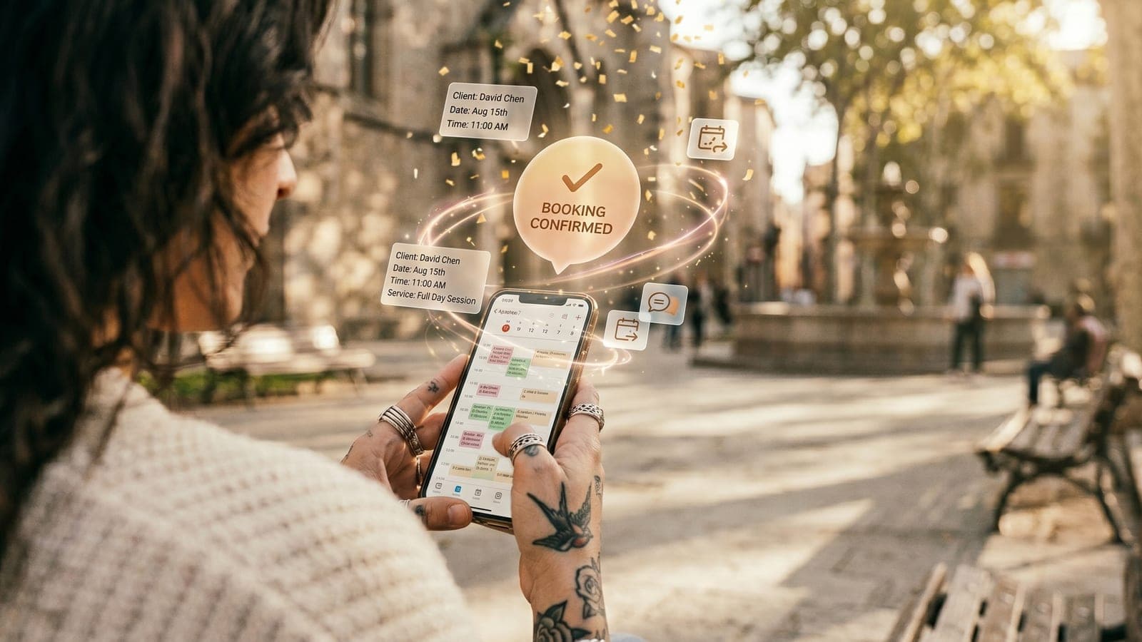 A phone showing a confirmed tattoo booking