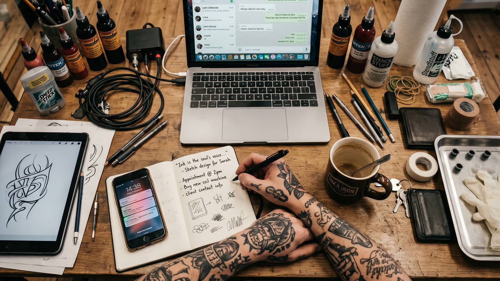 A tattoo artist's desk with a laptop showing client messages, a drawing tablet and ink bottles