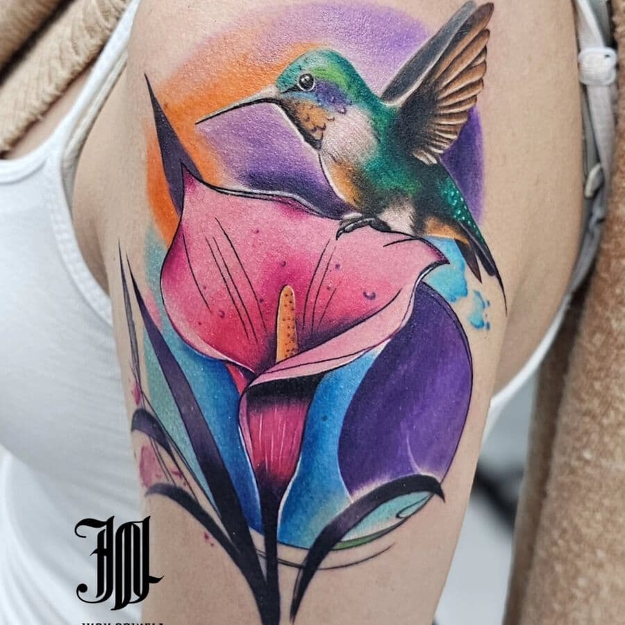 Colour hummingbird and calla lily tattoo, from the Aura Tattoo & Meaning gallery
