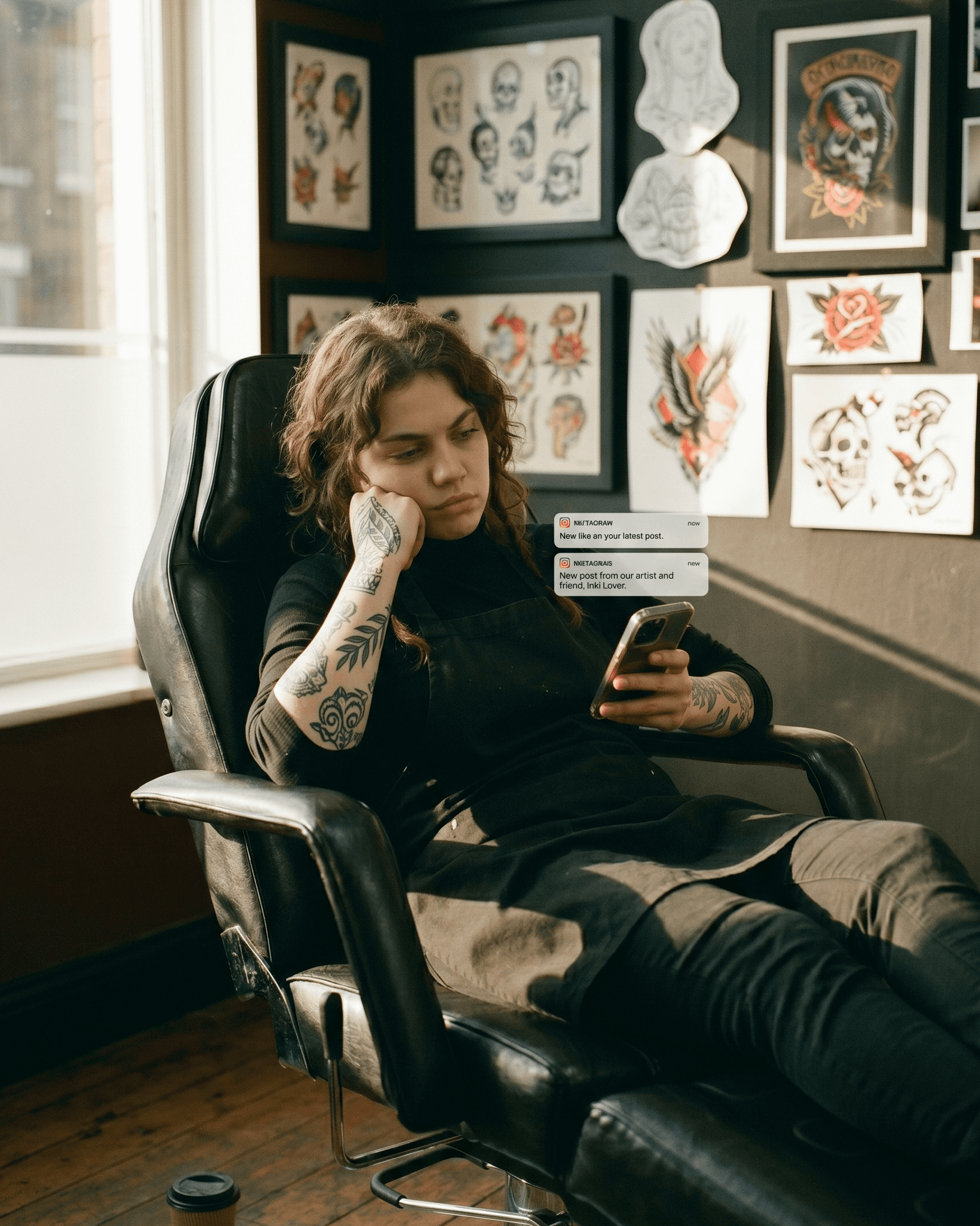 Tatuador no estúdio a ver mensagens no Instagram, cadeira de reserva ao lado vazia