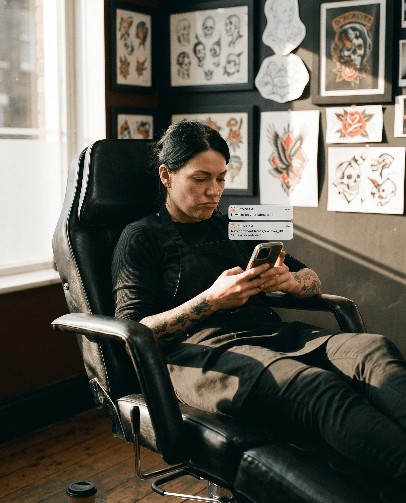 Tatuador en el estudio revisando Instagram, silla vacía junto sin clientes confirmados