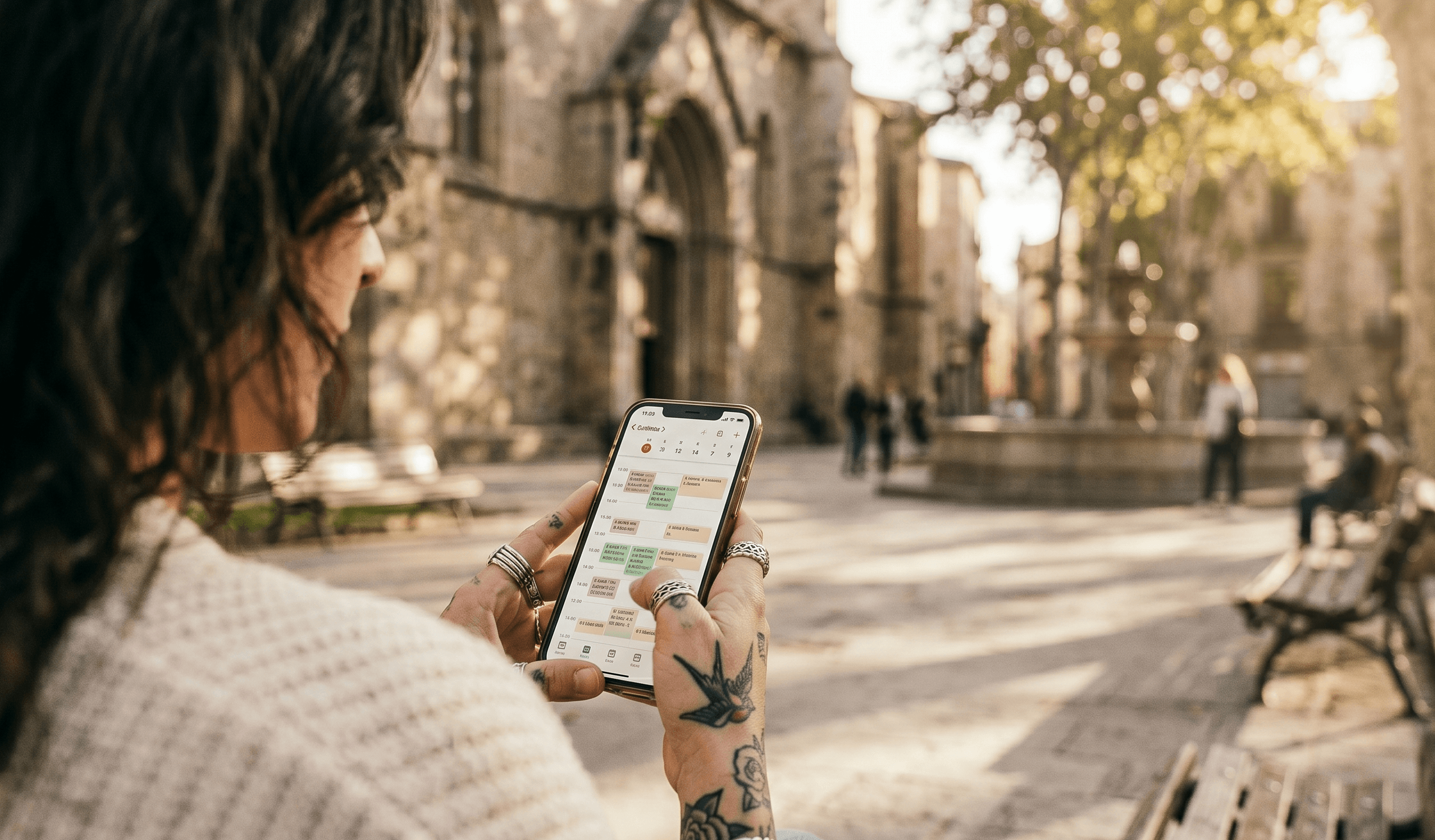 Tatuador descansando al aire libre un fin de semana, teléfono con agenda ocupada pero sin trabajo encima